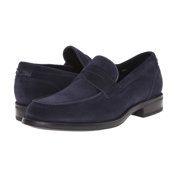 Aquatalia • Neil Loafer slip on weatherproof navy blue suede leather penny - Picture 2 of 12